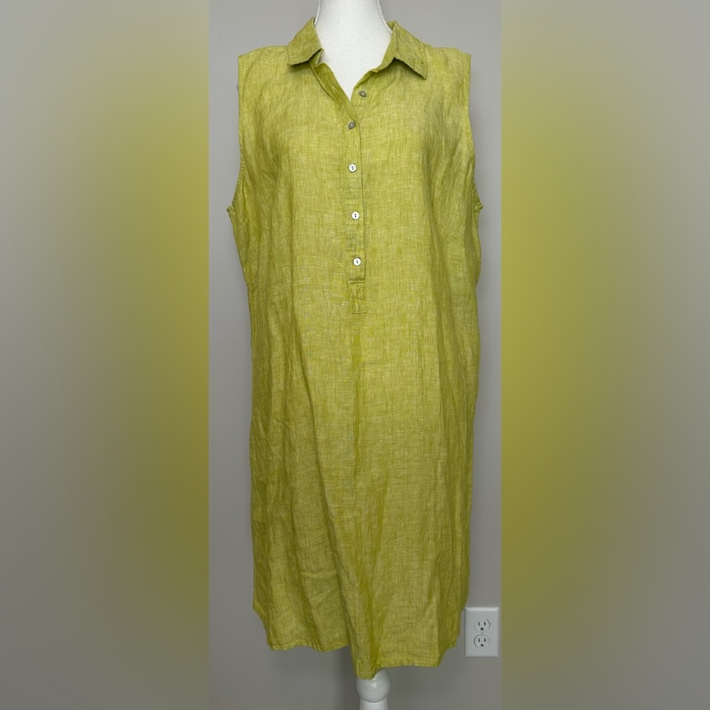 Tahari 100% Linen Sleeveless Shirt Dress Lime Green Plus Size Summer Spring 1X - Picture 2 of 9